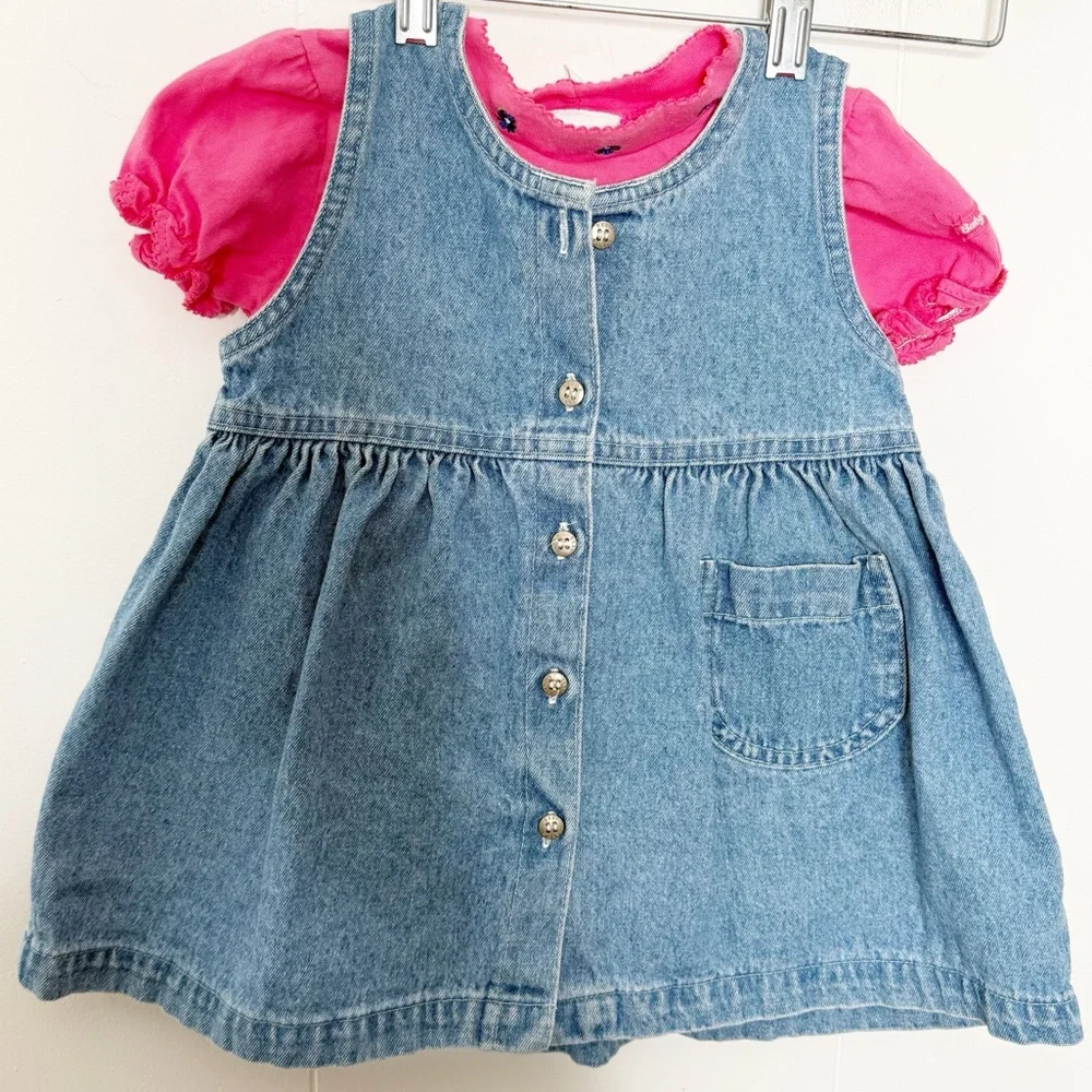 Vintage Oshkosh B’Gosh Baby Girls Button Up Denim Dress & Pink Top 24 Months‎